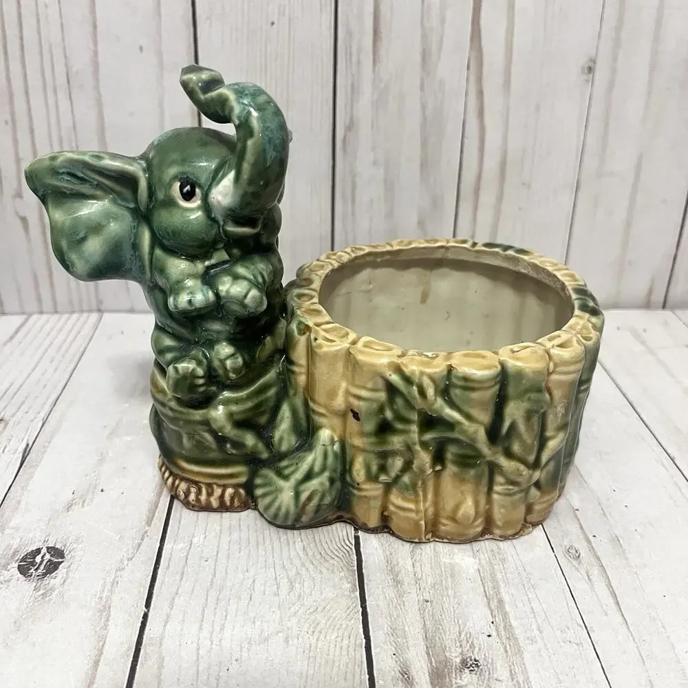 Vintage Ceramic Elephant Planter Green Glaze Bamboo Jungle MCM Kitsch 6”